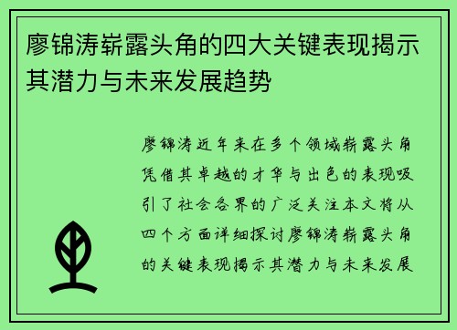 廖锦涛崭露头角的四大关键表现揭示其潜力与未来发展趋势
